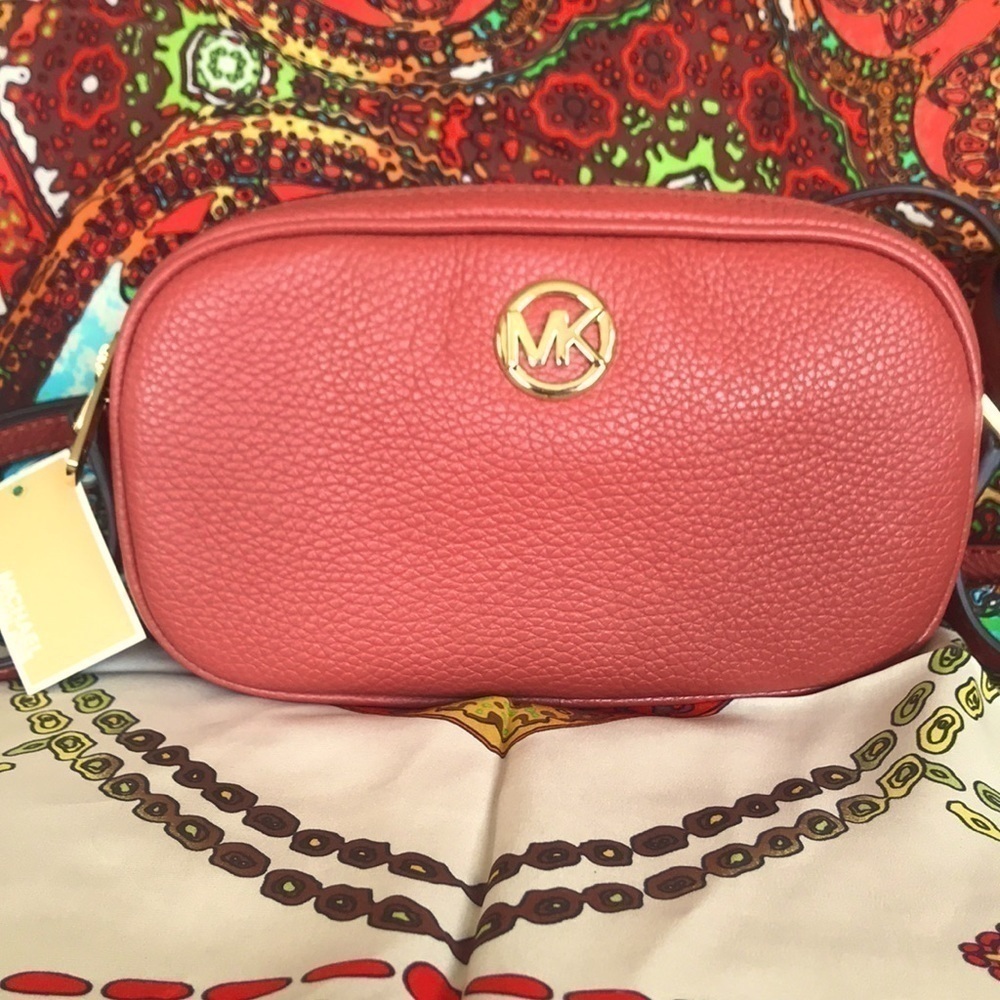 Brand New Michael Kors Genuine Leather Cinnamon Double Zippered Crossbody Purse